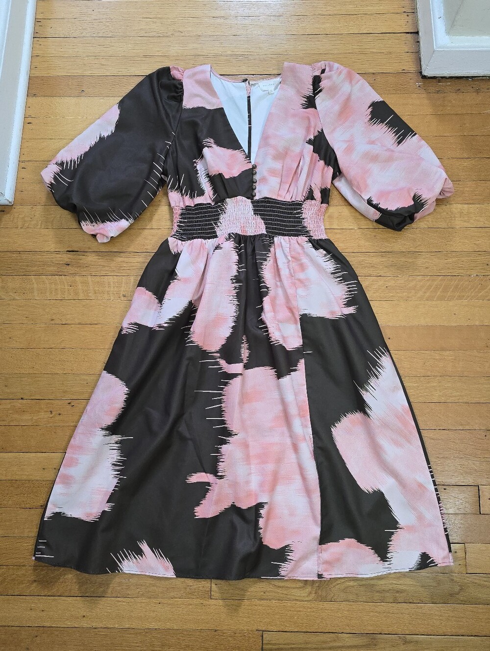 Melloday, Abstract Print V-Neck Midi Dress, Brown & Pink, EUC, Women'sl L